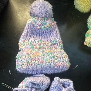 HANDMADE by Grandma Pom Pom Hat  and Booties Set NEW Lavender and pastel colors